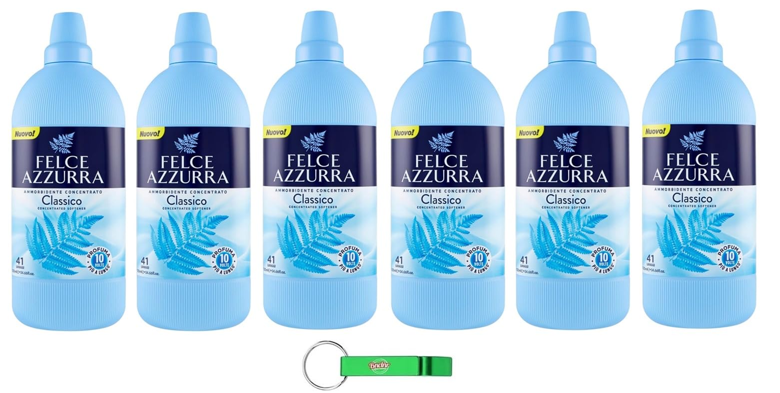 6 X Felce Azzurra – Ammorbidente Concentrato Classico – Profumo inconfondibile – 41 lavaggi – 1025 ml + Beni Culinari Portachiavi gratuito