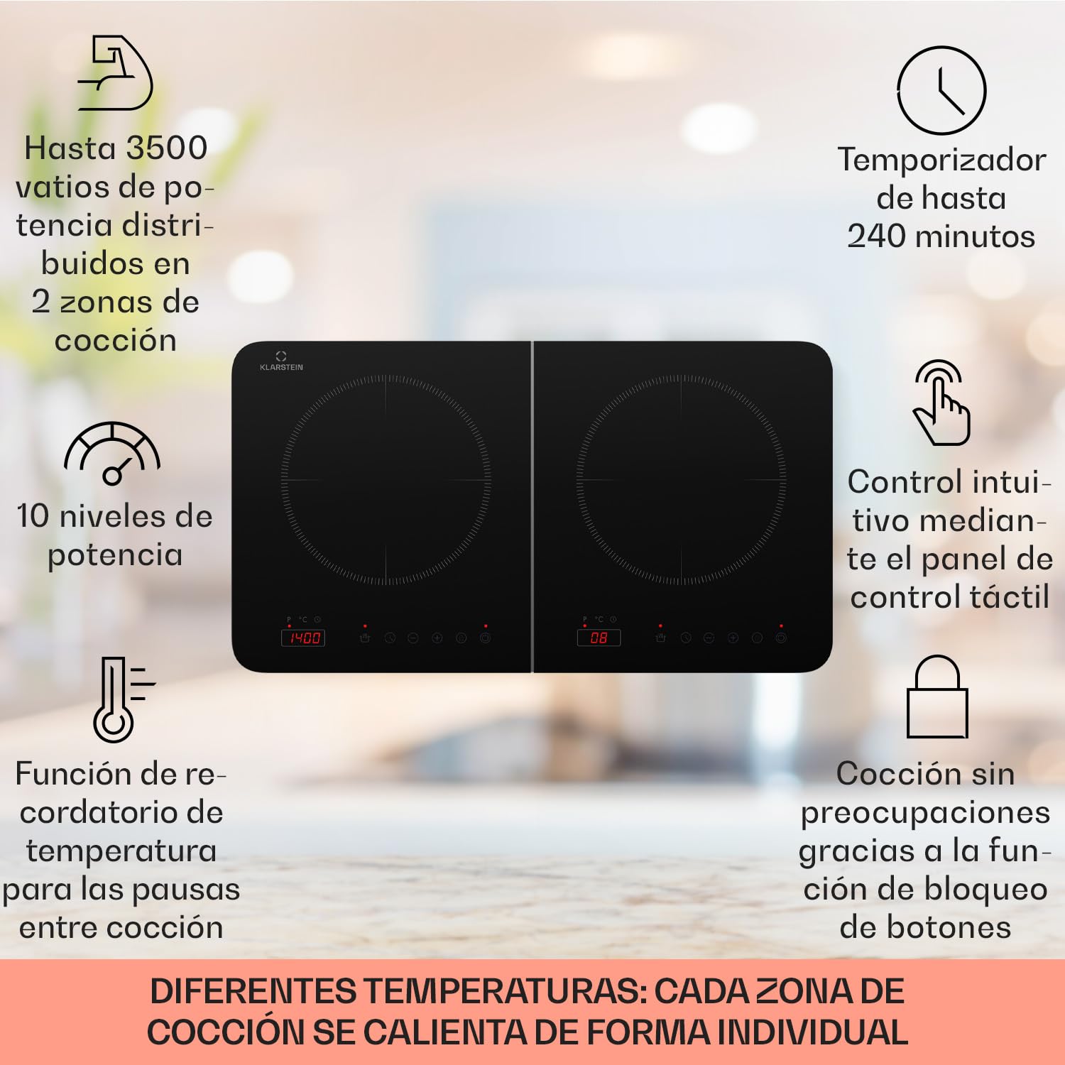 Klarstein Placa Vitroceramica Portatil, Vitro Eléctrica 2 Fuegos, Placa Vitrocerámica Electrica 3500W, Placas, Placa Cocina 2 Fogones, Vitroceramicas, Encimera Electrica Cocinas