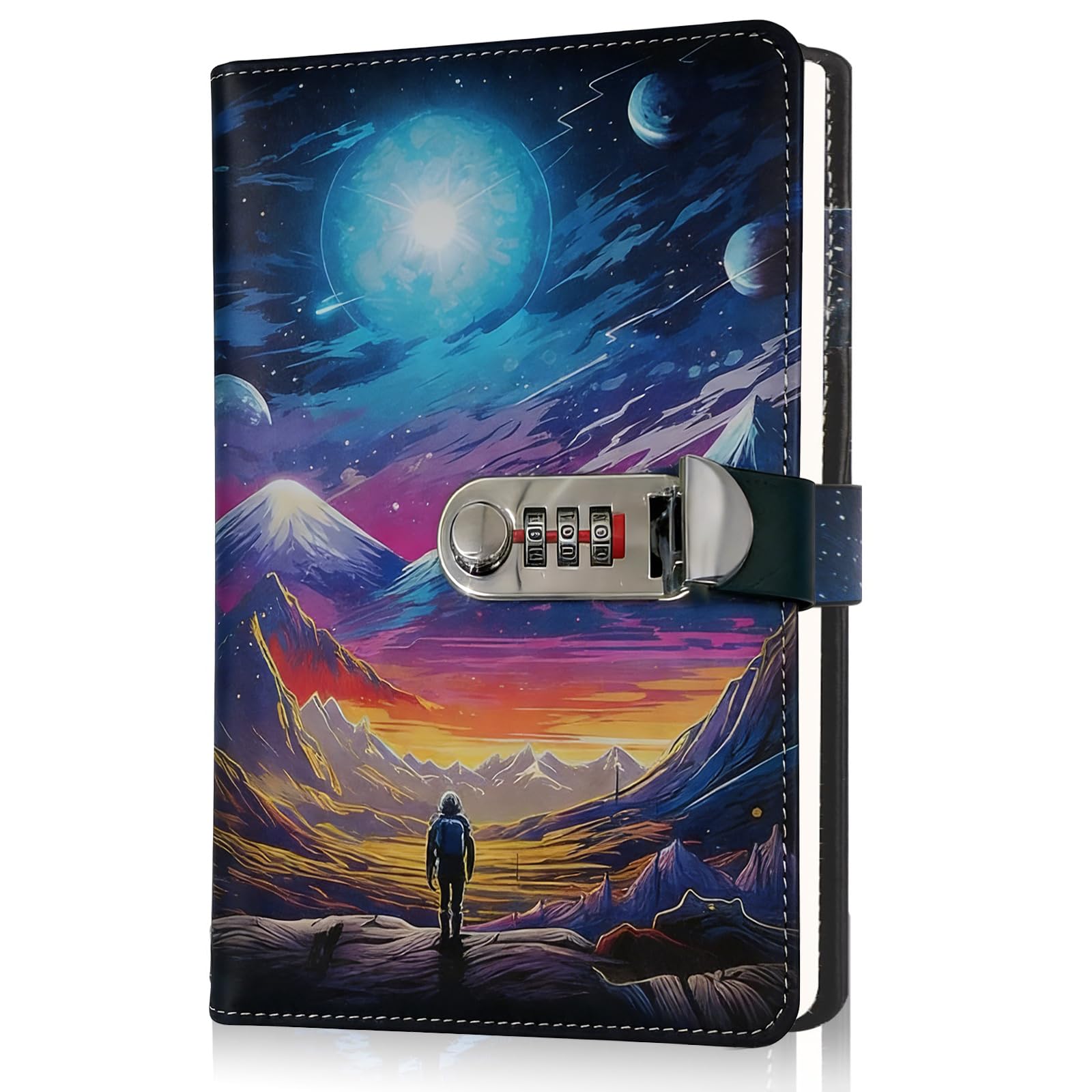 SIMDAO Diary with Lock for Boys, PU Leather Diary with Pen, 120 Sheets/240 Pages Space Themed Journal with Combination Lock, Kids Secret Diary, Football Gifts for Women Men Teens, 6.1in X 8.3in