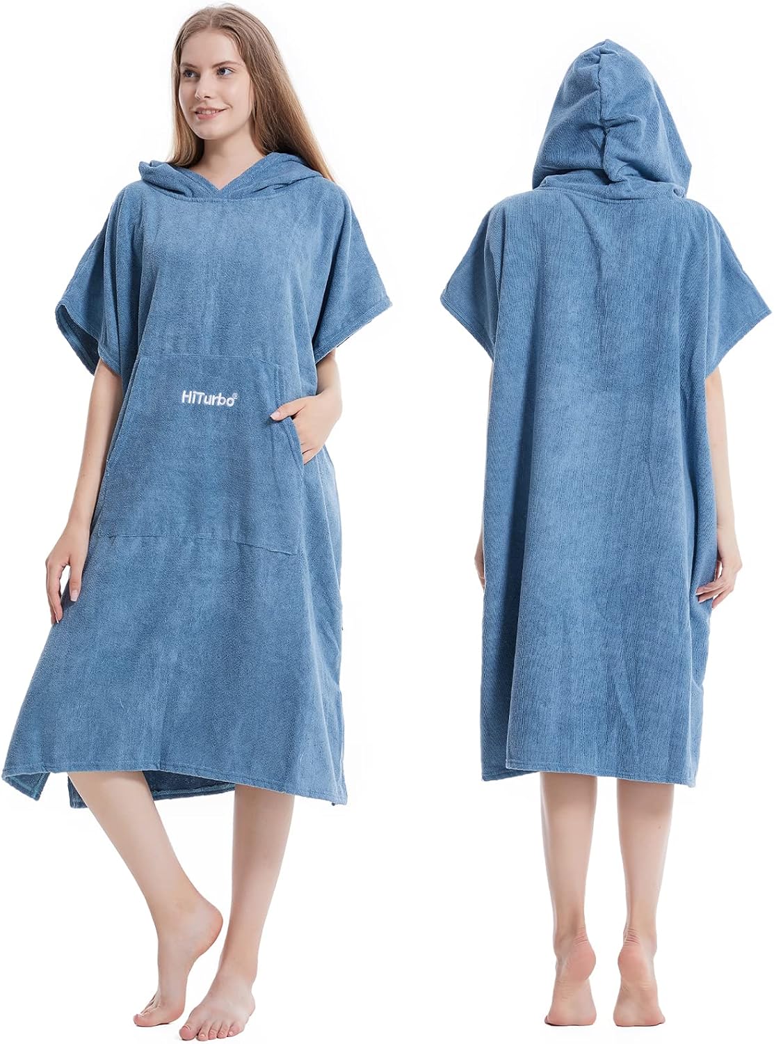 Hiturbo Changing Towel Robe, Absorbent Hooded Surf Poncho Quick-Dry Blanket Towels with Front Pocket for Swiming Surfing Aquatics One Size Unisex (Blue)