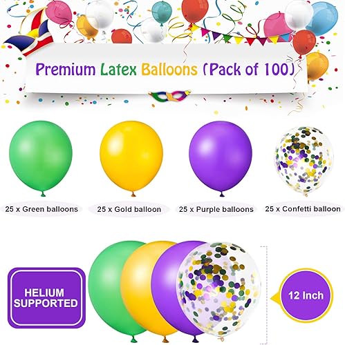 Miniatura 2 de 100 globos de Mardi Gras, confeti dorado, verde, morado, látex, globos de fiesta coloridos para carnaval, boda, aniversario y suministros de fiesta