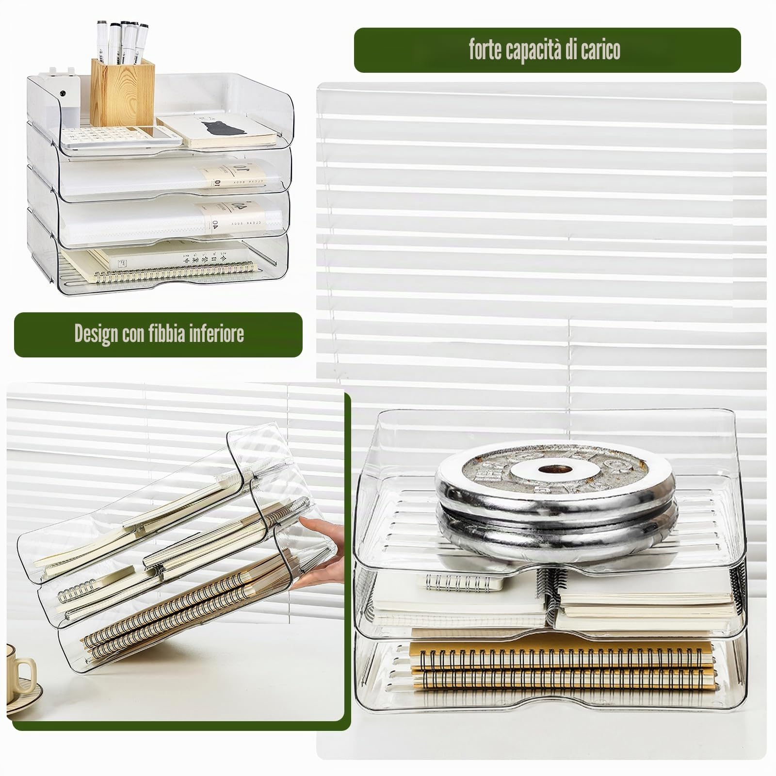 Vaschetta portadocumenti trasparente a 4 ripiani, in acrilico, impilabile, per formato A4, robusta e impilabile, in plastica PET, per casa, ufficio, scuola, ripiano in carta, 33 x 25 x 7 cm