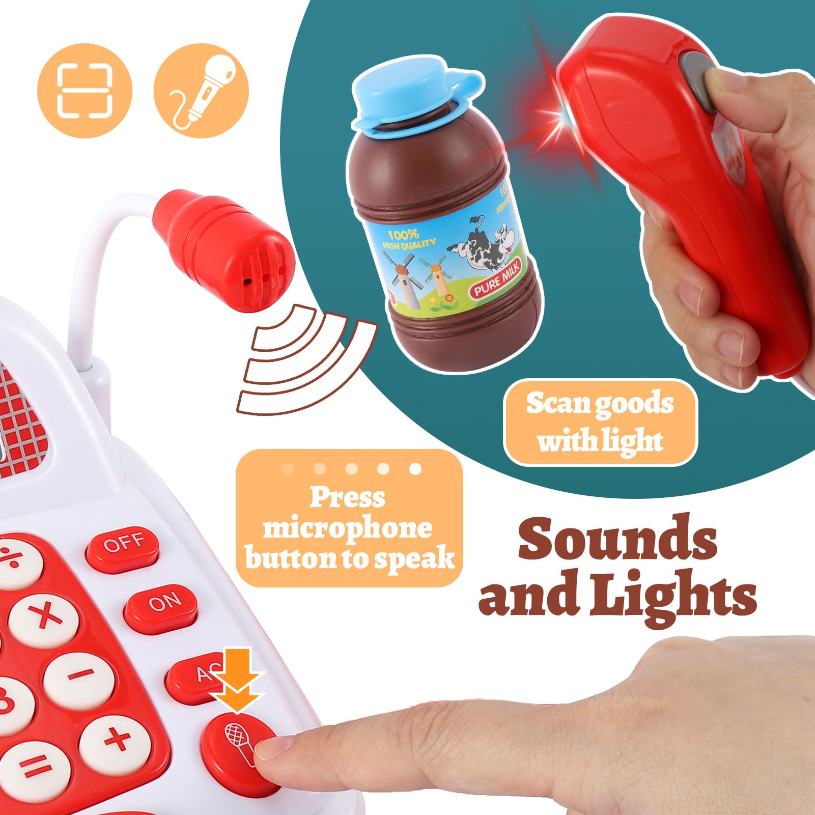 TOEY PLAY 39 Pezzi Registratore di Cassa Supermercato Giocattolo Scanner, Negozi e Accessori Giochi d'Imitazione Regalo per Bambini 3 4 5 6 Anni