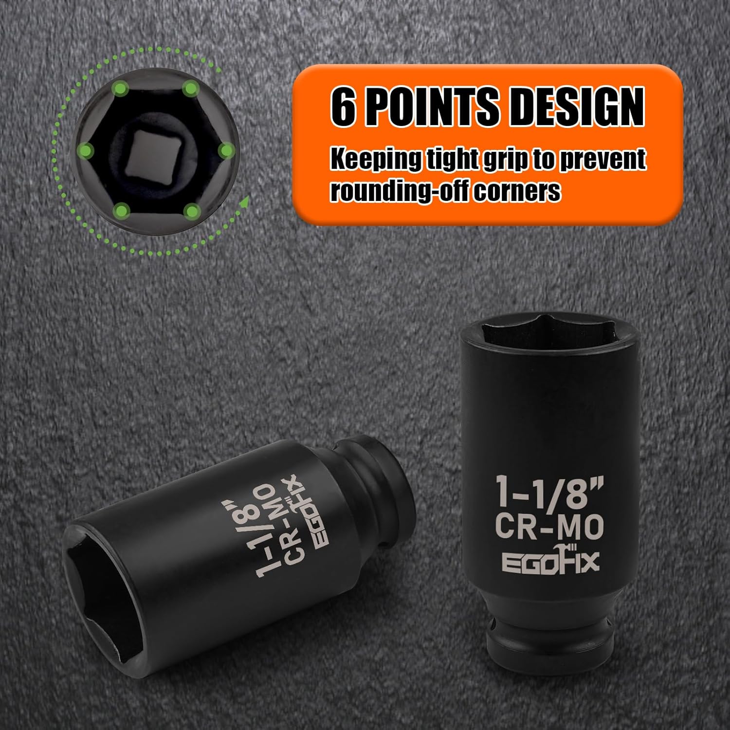 1 1/8 Inch Socket 1/2" Drive Deep Impact SAE Socket, Heat-Treated CR-MO Anti-Rounding 6 Point for Easy Removal of Axle Nut