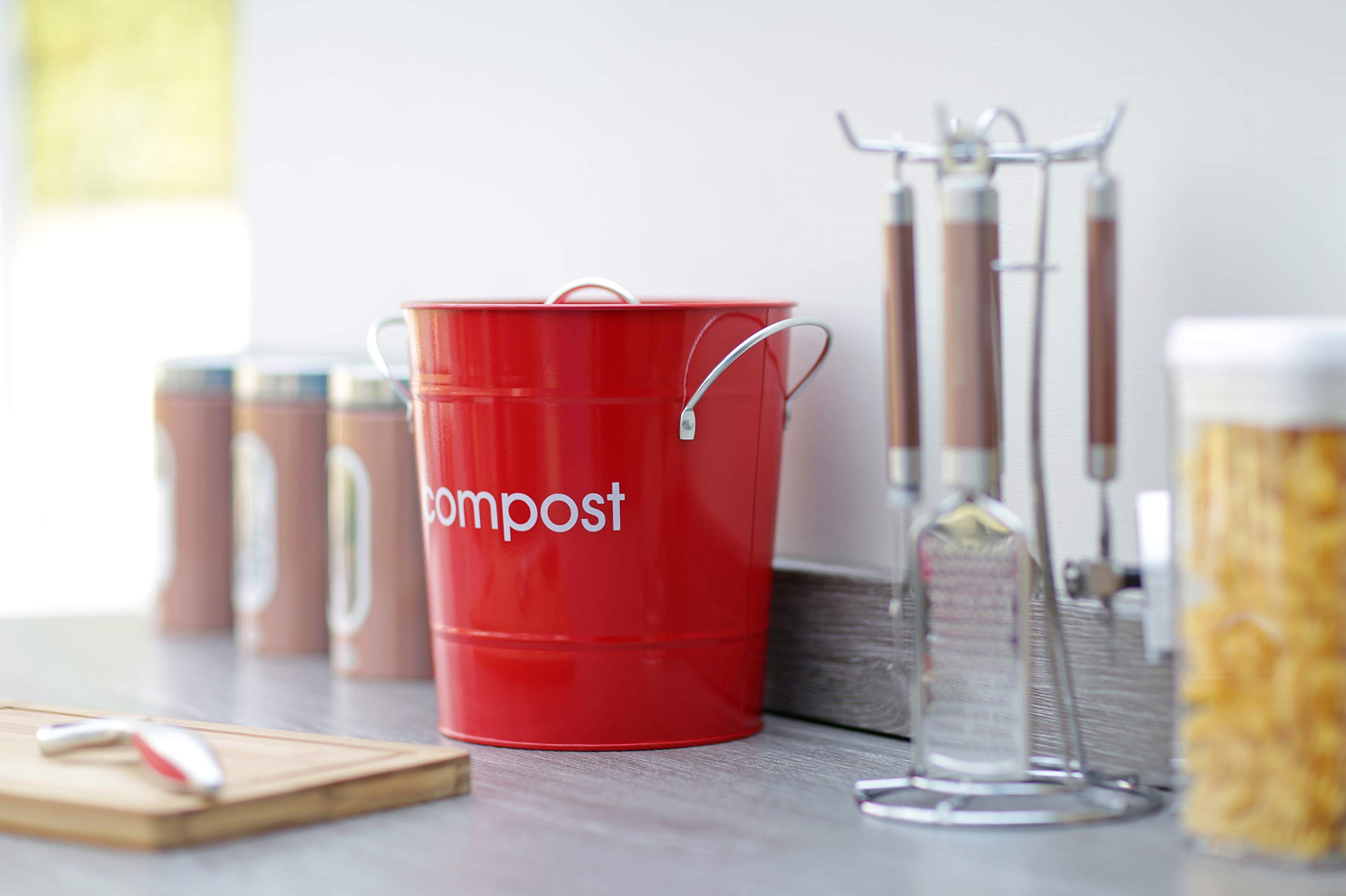 PREMIER Housewares 0510017 Compostiera, in Acciaio Zincato Rosso, Maniglie in Zinco, Secchio di Plastica Interno