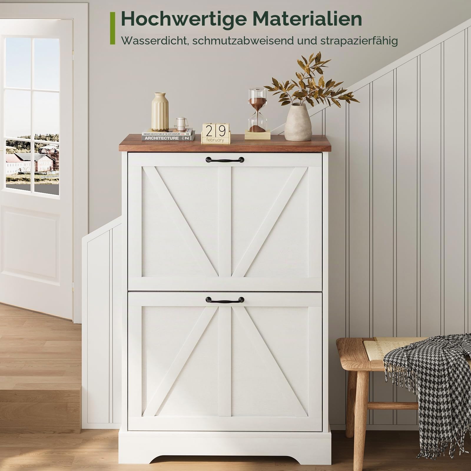 Smart FENDEE Schuhschrank, Schuhschrank für den Eingangsbereich, mit 2 Klappschubladen, schmaler Bauernhaus-Schuh-Organizer-Schrank, schmaler Schuhregal, Weiß