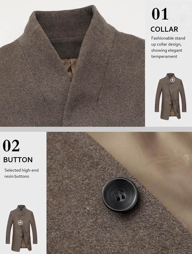 Lavnis Men's Trench Coat Long Wool Blend Overcoat Slim Fit Down Topcoat - Image 4