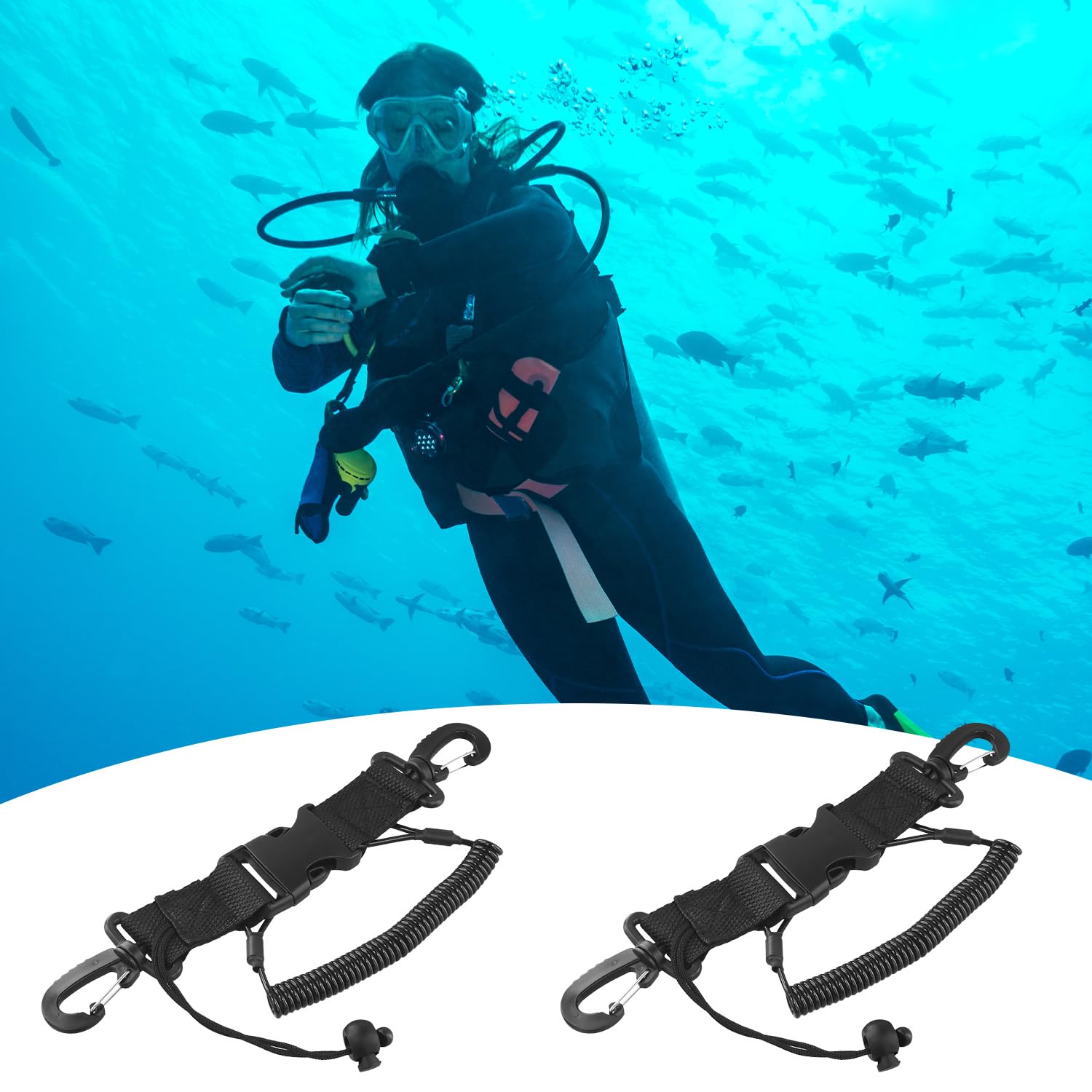 QWORK® Set 2pz Cordino da Immersione con Clip di Sgancio Rapido - Cordino Spirale per Attrezzatura Subacquea, Fotocamere, Torce e Strumenti, Nero