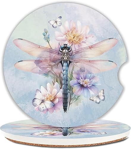 Miniatura 16 de Juego de 2 posavasos de mariposa para automóvil, portavasos de cerámica absorbente de 2.63 pulgadas, base de corcho antideslizante, con muesca de