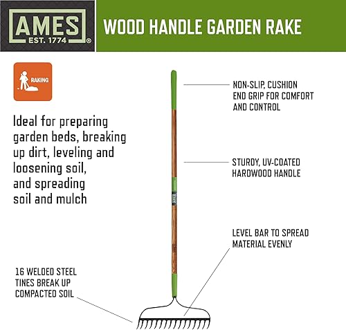 Miniatura 5 de AMES Kit de herramientas de mango largo para propietarios de viviendas de 5 piezas con rastrillo de césped, pala de excavación, rastrillo de jardín,