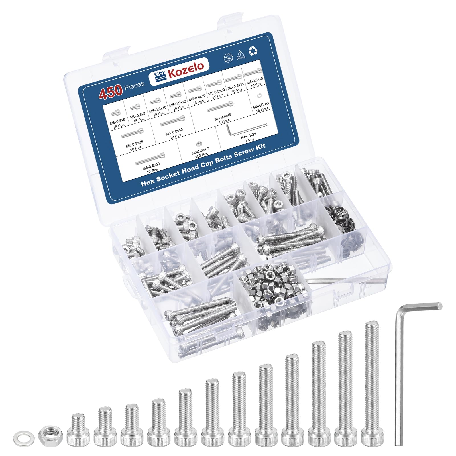 Kozelo 450pcs M5 Socket Head Cap Screws Bolts Nuts Assortment Kit