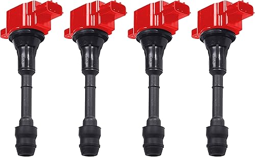 ENA Juego de 4 bobinas de encendido rojas 2.5 L4 compatibles con Nissan 2002 2003 2004 2005 2006 Altima, 2002-2008 Sentra X-Trail, 2010 2011 2012