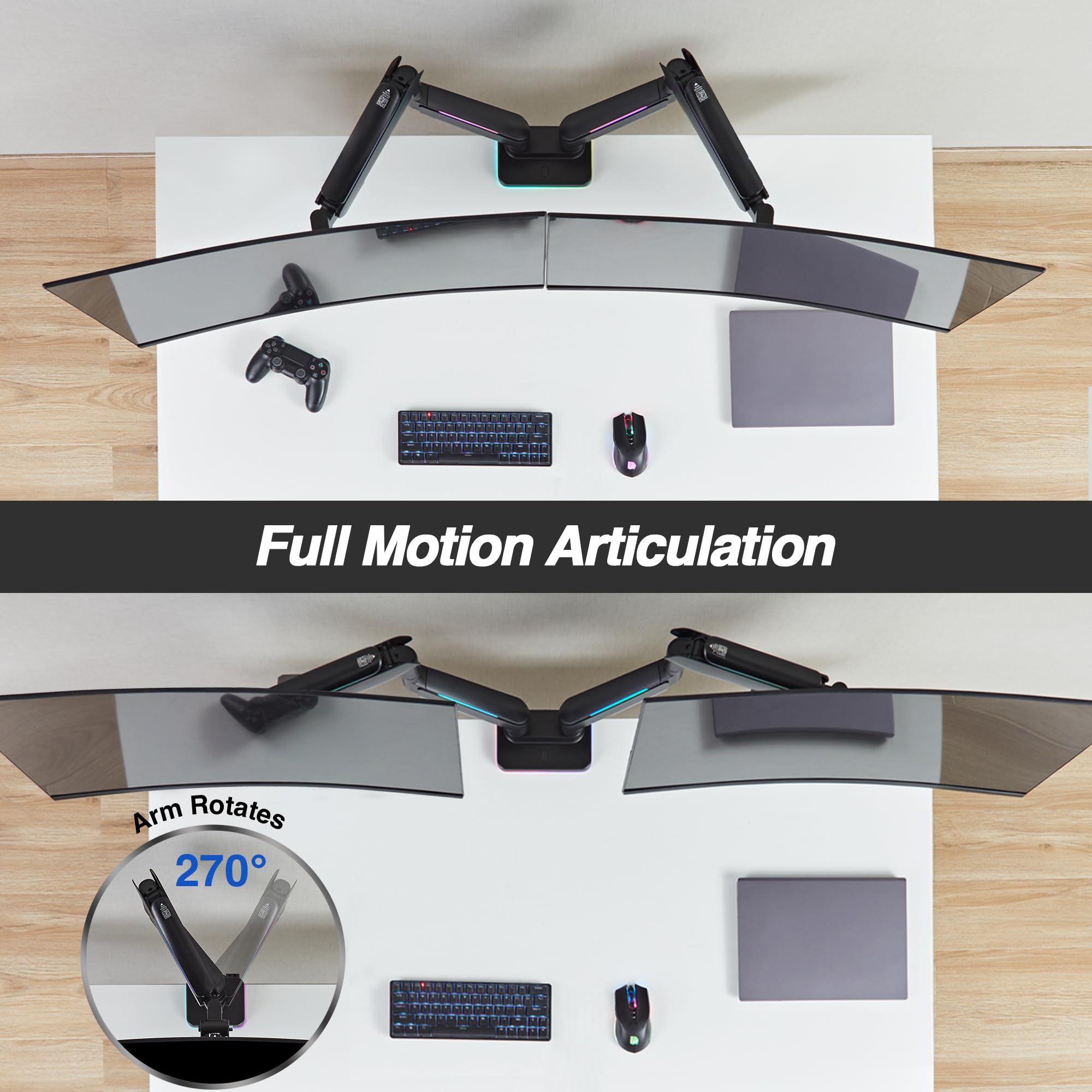 RGB Lights Dual 17-43 Gaming Monitor Arm Soporte de escritorio, se adapta a dos pantallas planas/curvas/ultraanchas de hasta 44 libras (44.1 lbs), soporte ajustable de inclinación giratoria de 6