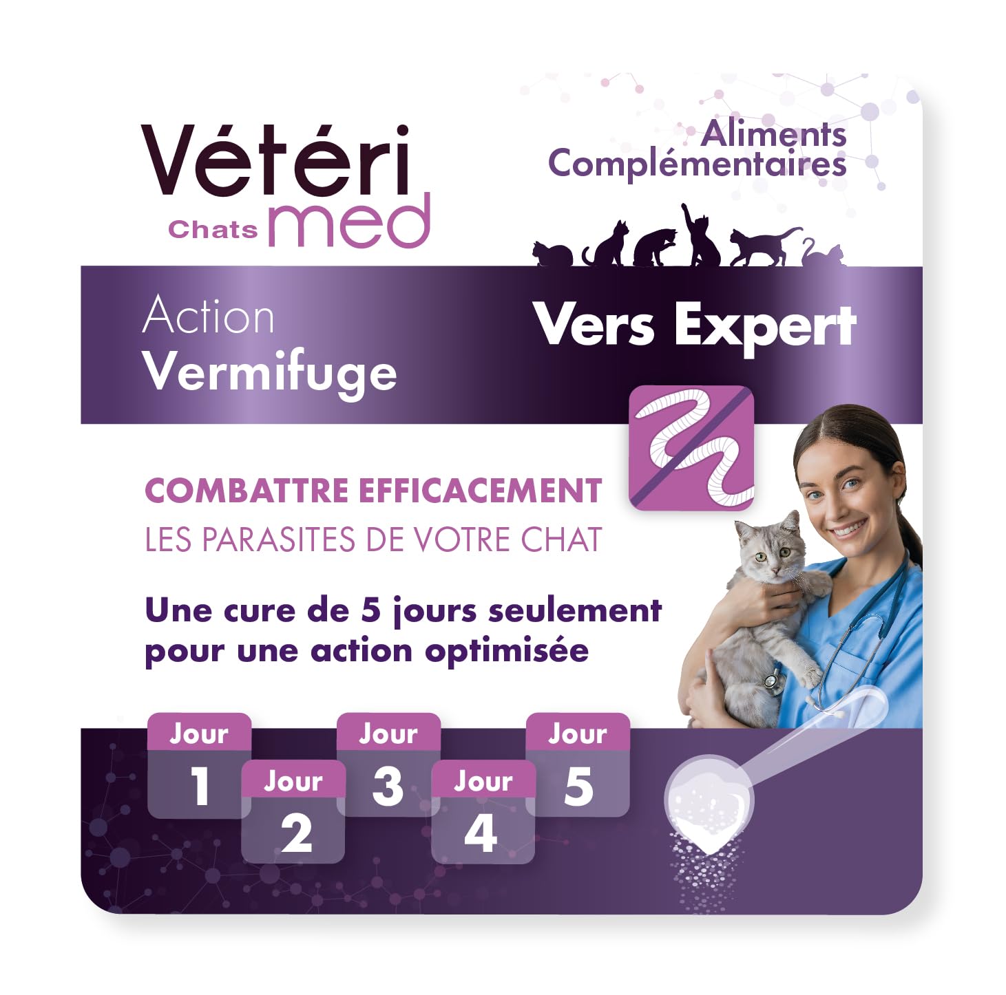 Desparasitante para Gatos Vétérimed, Higiene intestinal y Bienestar General, Fabricado en Francia, Polvo Natural
