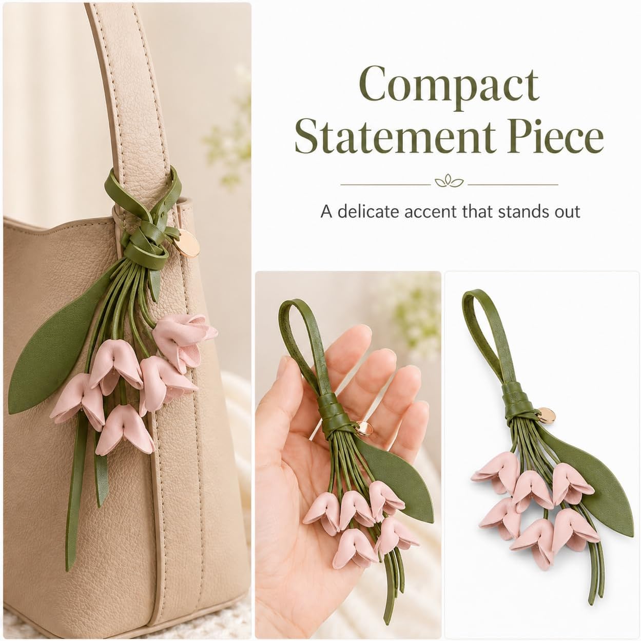 Leather Flower Bag Charm Keychain for Women Pink Floral Purse Charm Handbag Summer Accessory Gift Tote Backpack