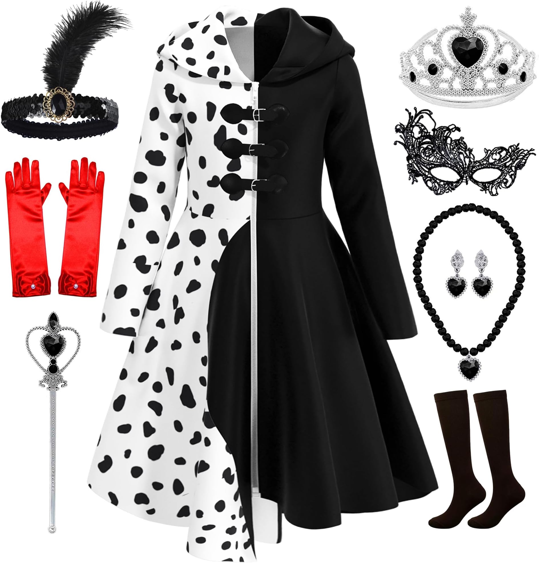 Akokvlar 9PCS Girls Dalmatian Print Costume Vintage Halloween Dress Up Outfit