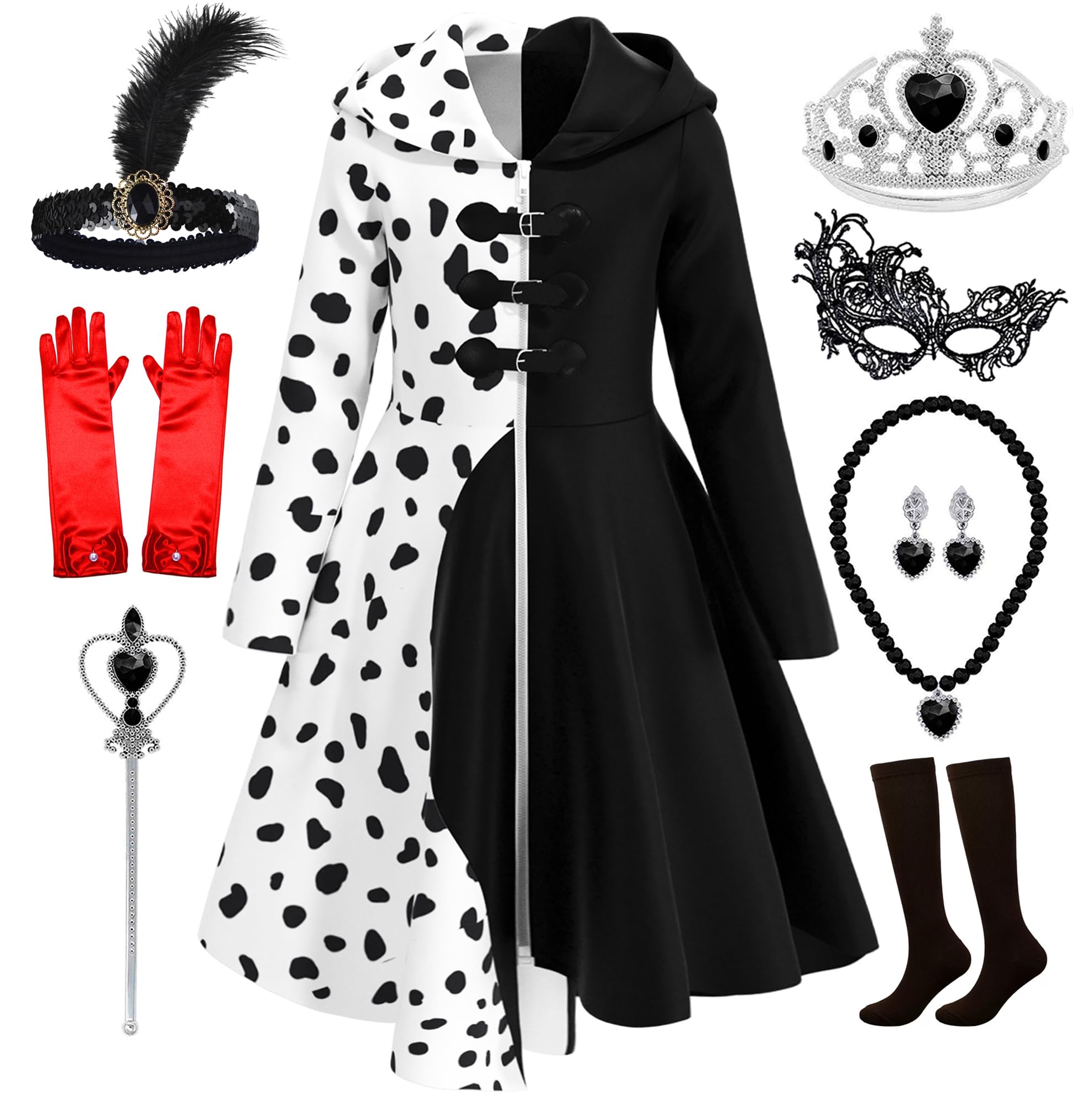 Akokvlar 9PCS Girls Dalmatian Print Costume Vintage Halloween Dress Up Outfit