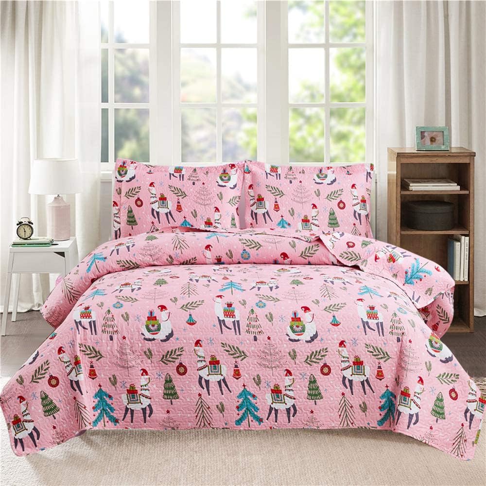 Ycosy Christmas Kids Quilt Set Twin Size Pink Alpaca Bedding Set Lightweight Reversible Bedspread Coverlets Xmas Holiday Christmas Decor Gift for Girls All Season,1 Quilt and 2 Pillow Shams