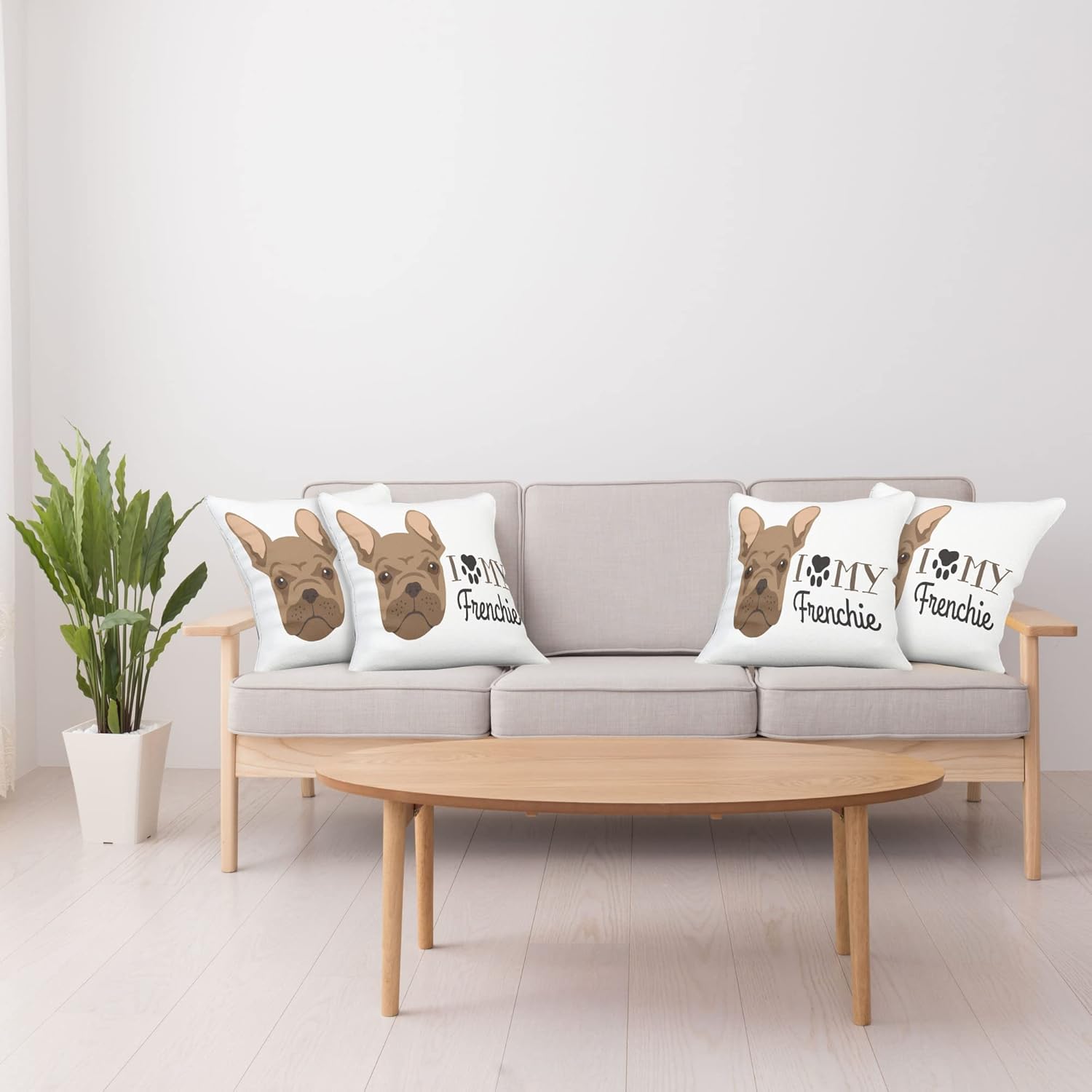 Ambesonne Bulldog Decorative Throw Pillow Case Pack of 4, Design of I Love My Frenchie Calligraphy with a Dog Portrait and a Paw Print, Cushion Cover for Couch Living Room Car, 18", Brown White