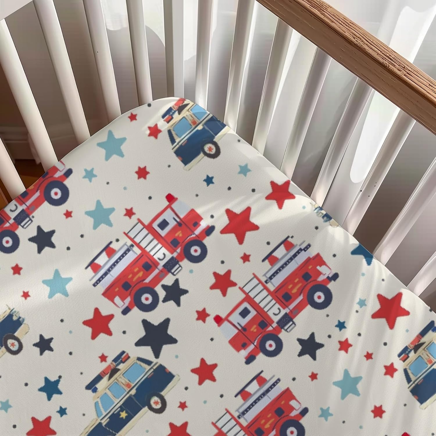 Cartoon Car Trucks Stars Pattern Baby Sheets for Crib, Unisex Transportation Nursery Fitted Bed Sheet for Boys Girls Standard Crib and Toddler Mattress-28x52