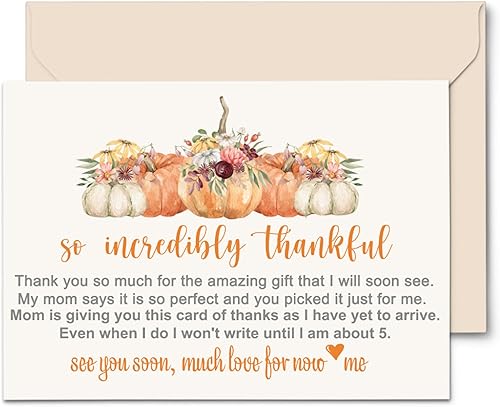 Paper Clever Party Tarjetas de agradecimiento con sobres de calabaza rústica, para baby shower, paquete de 25 tarjetas de 4 x 6 pulgadas con nota