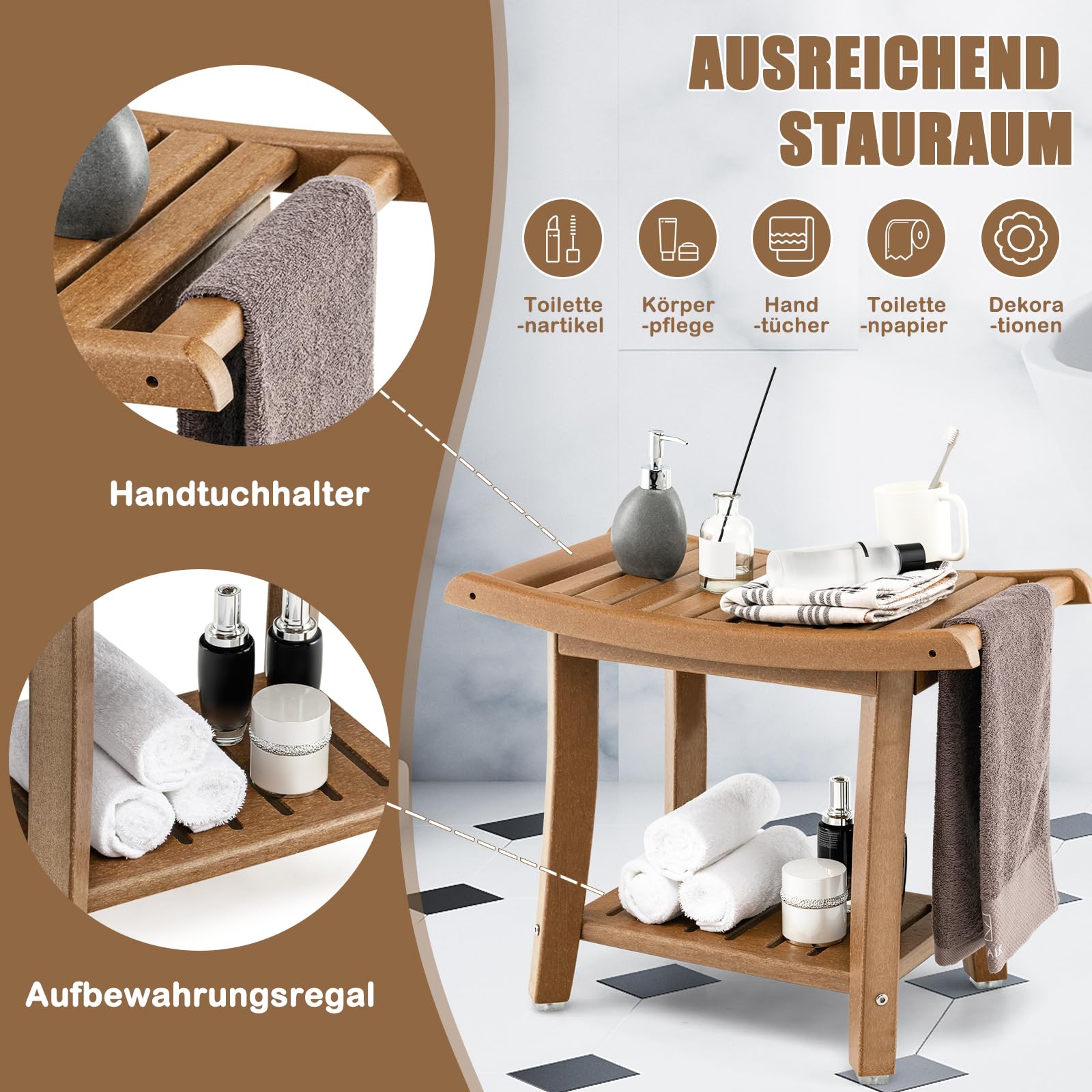 RELAX4LIFE Duschbank, Badezimmerbank mit Ablage Handtuchhalter, Badhocker mit Rutschfesten Füßen, Duschstuhl bis 150kg Belastbar, Duschsitz für Alte Schwangere, 60,5 x 34 x 45 cm (Braun)