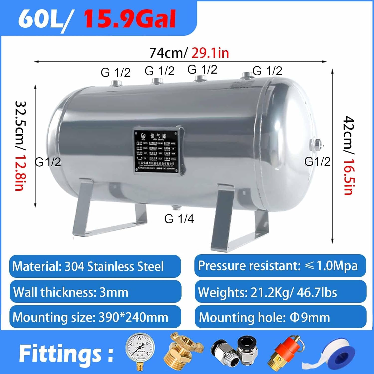 304 Stainless Steel High Pressure Air Tank with Fittings, Large Capacity Air Compressor Tank for Storing Gas/Stabilizes Air Pressure, Multi-purpose Gas Storage Vessel(60L/15.9Gal (Style B))