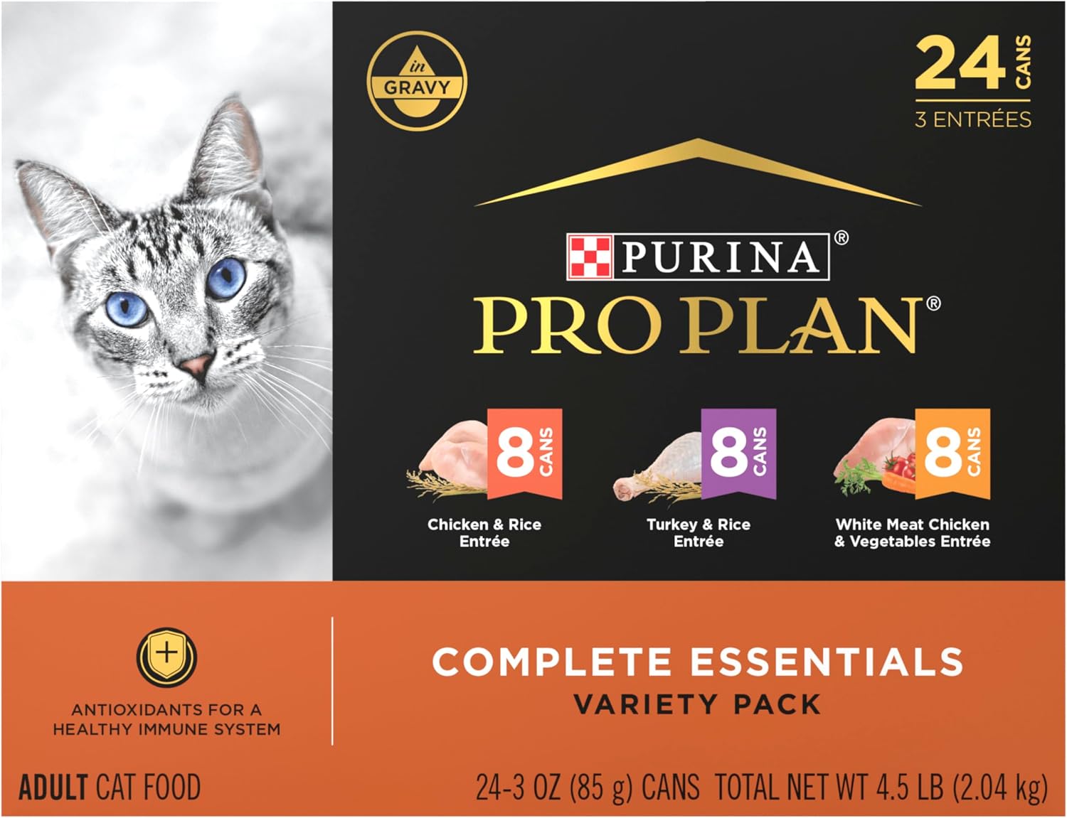 Purina Pro Plan Gravy,High Protein Wet Cat Food Variety Pack,Complete Essentials Chicken and Turkey Favorites - 3 oz. Cans,(Pack of 48) image 3