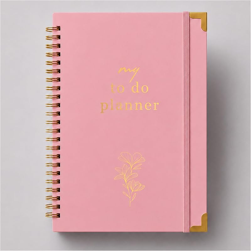 Cuaderno sin fecha, planificador diario estético, 120 páginas, 8,5 x 6,25 pulgadas, rosa | Planificador semanal en espiral y lista de tareas diarias, organizador de tareas de tapa dura con bolsillo interior y cierre elástico
