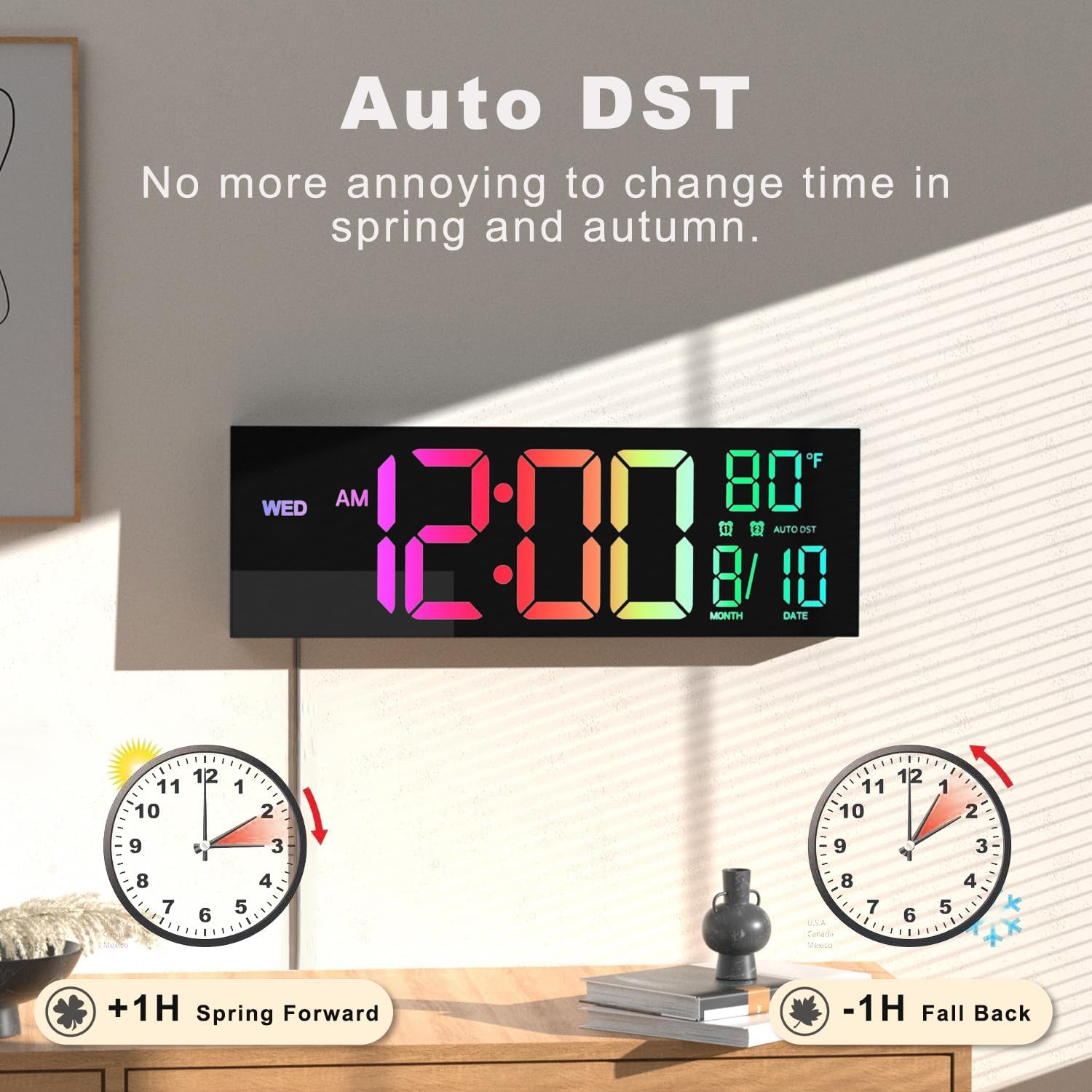 JALL 13" Large Digital Wall Mount Clock, Count Down Timer, Alarm, Big LED, 8 RGB Color, DST, Temperature for Living Room Classroom Desk, Xmas, Birthday Gift for Senior Mom Dad