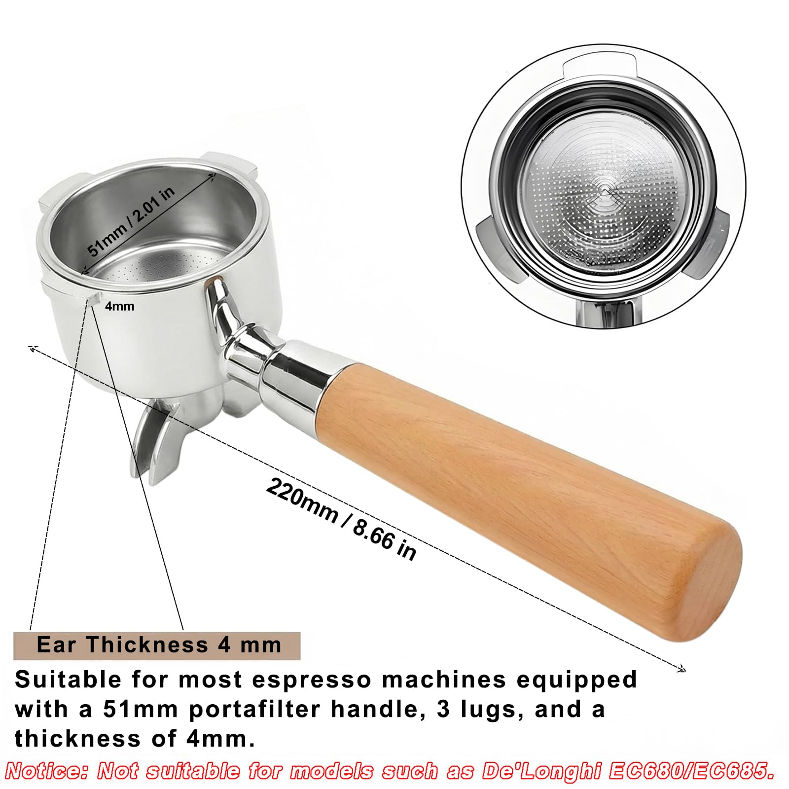 Portafiltro de 51 mm para cafetera DeLonghi EM450M, 3 orejas 4mm de espesor, Para Casabrews CM5418/Cecotec Power Espresso 20, soporte de filtro de acero inoxidable con mango de madera premium