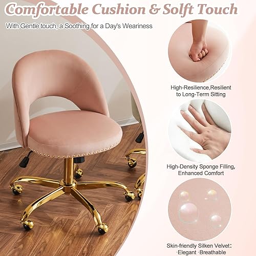 Vista 103 de VINGLI Silla de oficina pequeña de terciopelo moderna, bonita silla de escritorio con ruedas, base dorada/tachuelas, cómoda silla giratoria sin Beige
