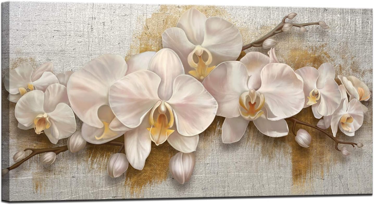 LevvArts Large Vintage Floral Canvas Wall Art White Orchid Flower Painting Artwork Beige Canvas Prints Framed for Farmhouse Living Room Office Decor 24x48 Inches