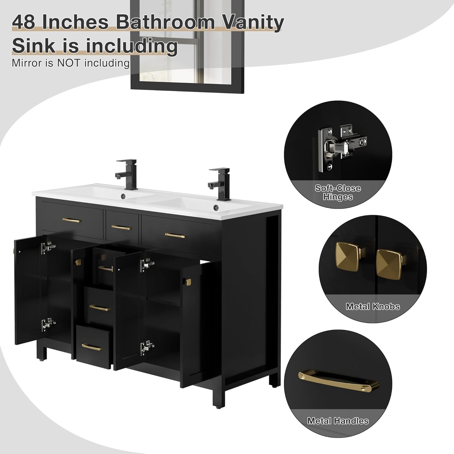 LUCKWIND 48" Painted Modern Bathroom Storage Cabinet with Sink, Include Faucet Without Mirror, Black-1