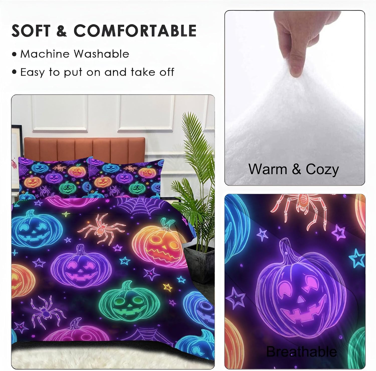 Neon Stripes Comforter Set Full Size, Cartoon Pumpkin Bedding Set for Teens Adults Room, Black Soft 80" x 90" Quilt with 2 Pillow Cases, Lightweight Black Quilt for All Season