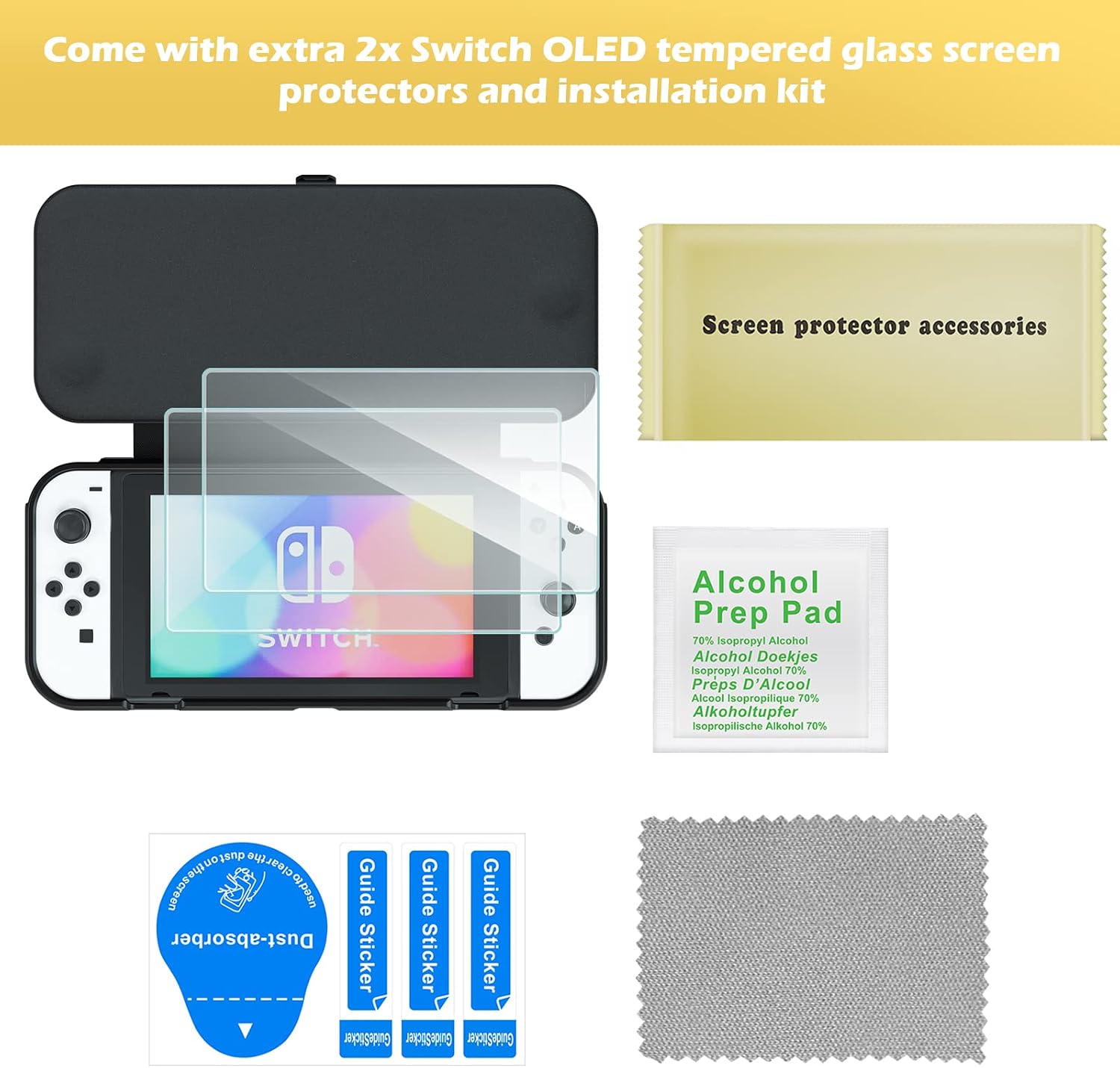 ProCase Flip Cover for Nintendo Switch OLED with 2 Pack Tempered Glass Screen Protectors, Slim Protective Case with Magnetically Detachable Front Cover for Nintendo Switch OLED 2021 -Black