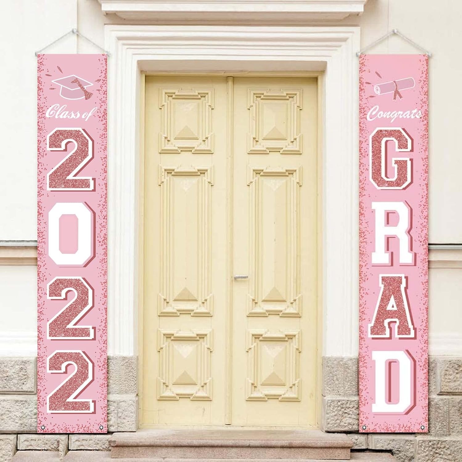 2022 Graduation Decorations - Class of 2022 Graduation Party Supplies - Hanging Flags Banners Signs Outdoor Home Door Porch Décor - Pink Rose Gold White