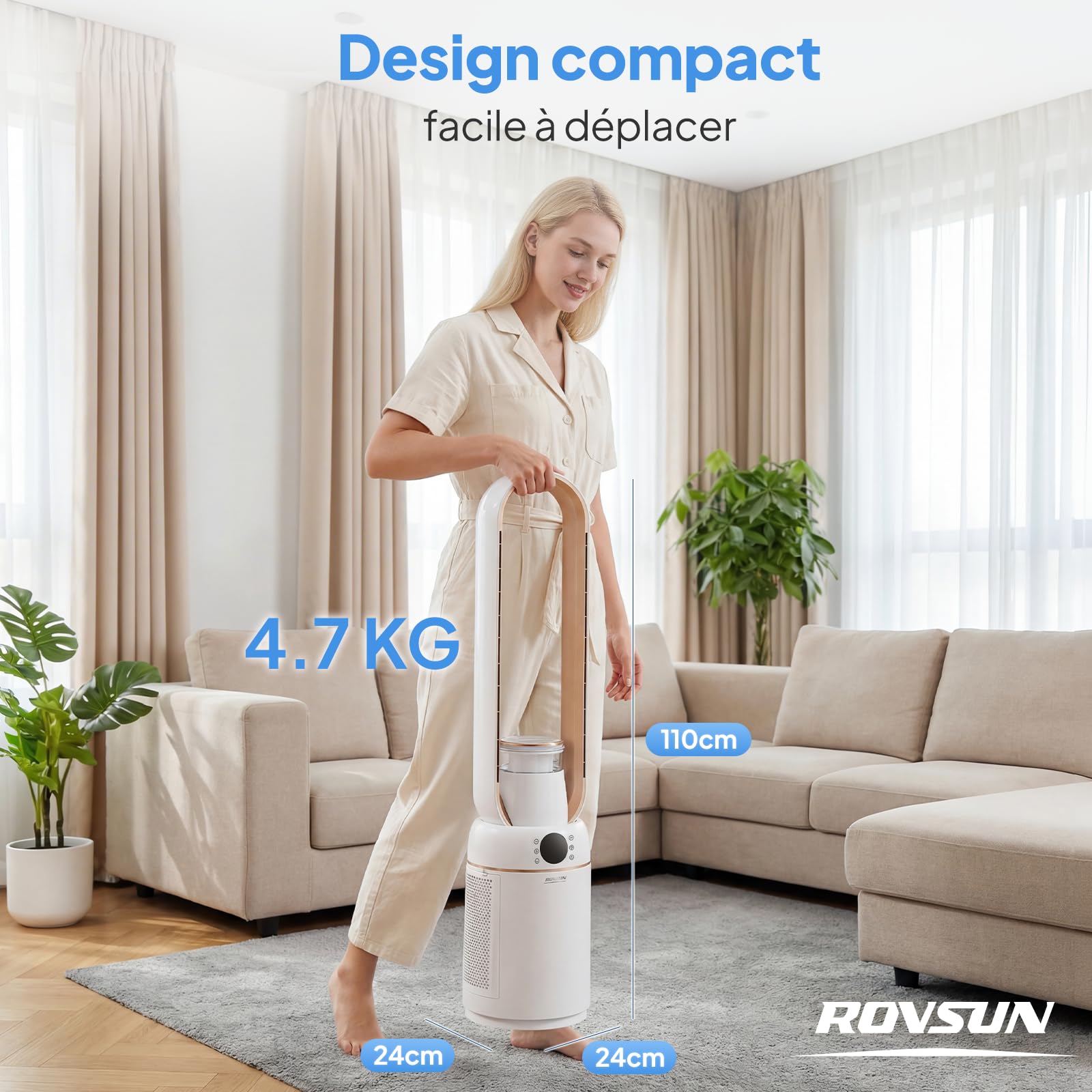 ROVSUN Ventilateur Colonne Purificateur d'Air, Ventilateur Sans Pales 110 cm, Humidification, Ions Négatifs, Stérilisation UV, 32 Vitesses, 4 Modes, 15H Minuteur, Oscillation 80°, Tactile+Télécommande