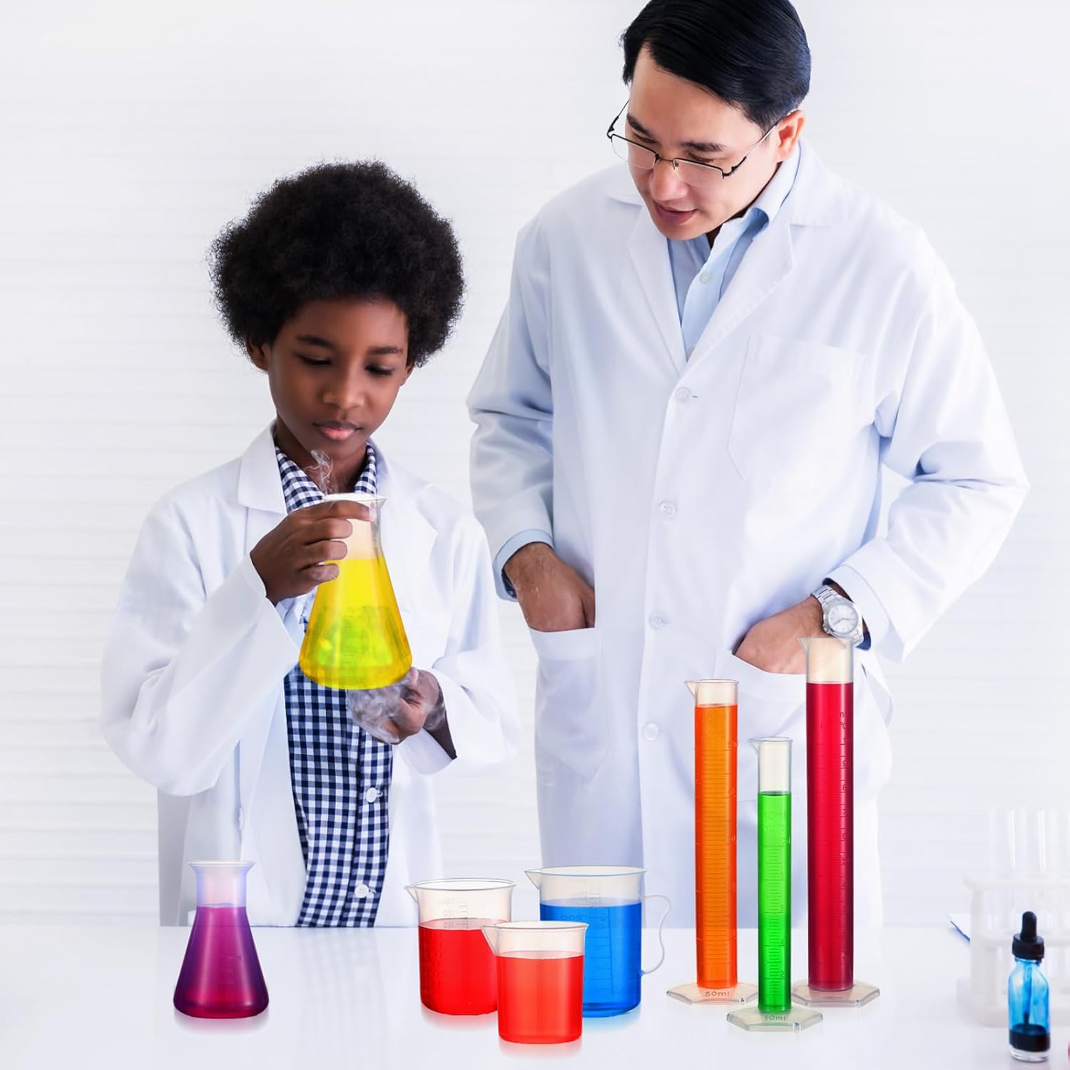 Baderke 40 Pcs Plastic Test Tubes with Rack 5 Graduated Cylinder 6 Beakers 3 Erlenmeyer Flask 10 Plastic Transfer Pipette for Lab Party DIY