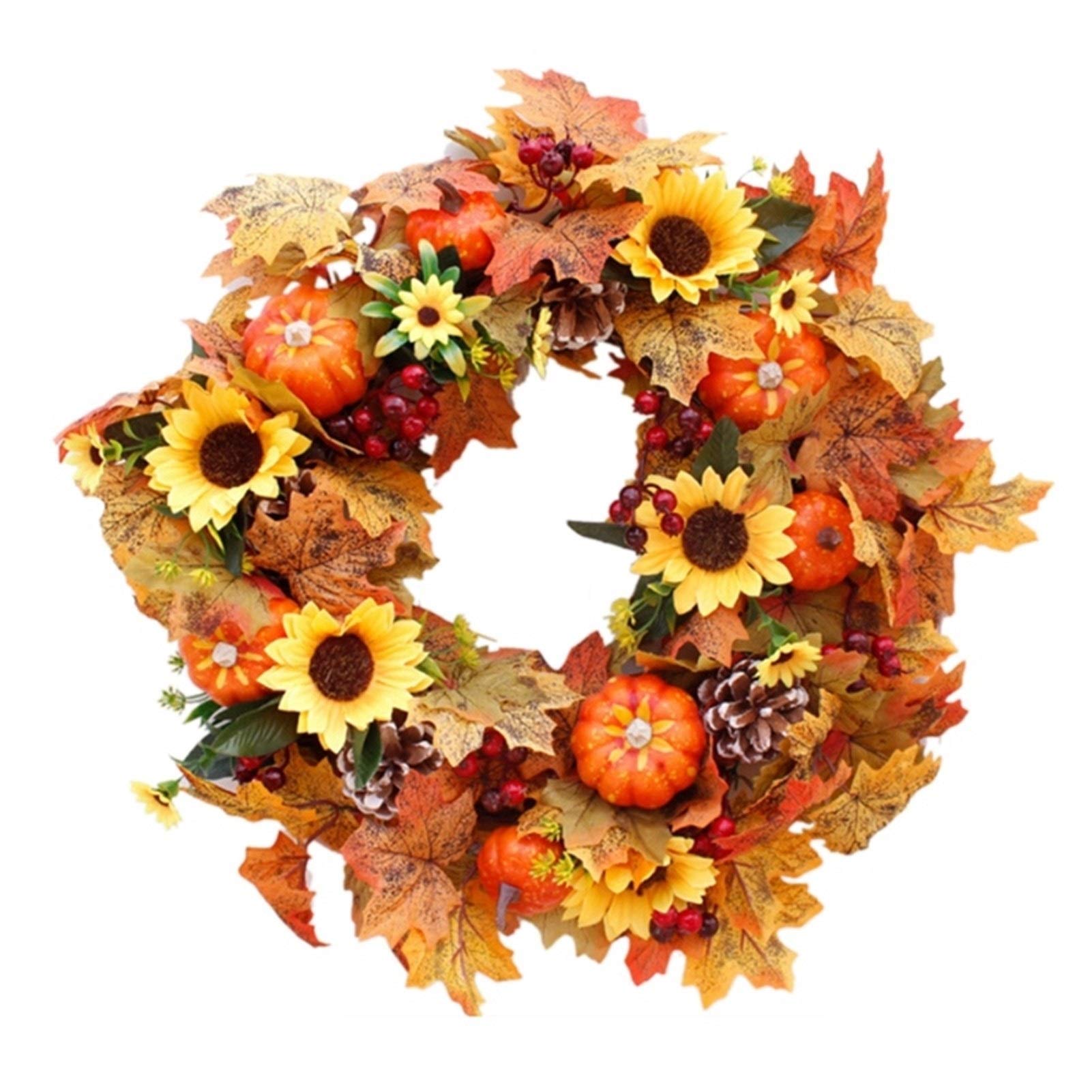 Décoration de la maison de Thanksgiving avec couronne d'automne tournesol artificiel et citrouille