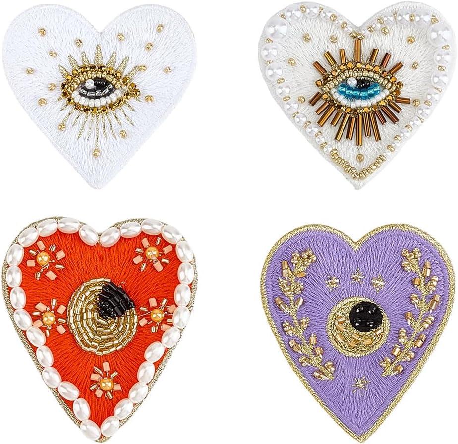 MAYJOYDIY 4Pcs Evil Eyes Heart Beaded Patch, 4 Styles Mystic Eye Embroidered Heart Applique, Handmade Beaded Embroidery Patches Rhinestone Sew On Applique for Clothes Jeans Jacket Bag Shoes Decor