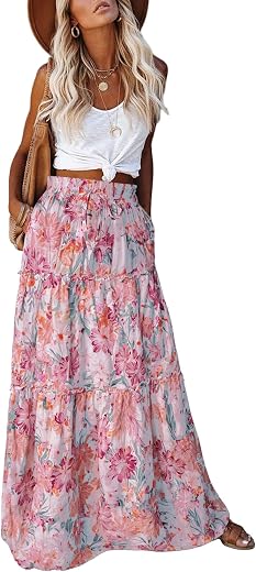 EARKOHA Womens Casual High Waist Tiered Paisley Print Long Maxi Skirt with Pockets