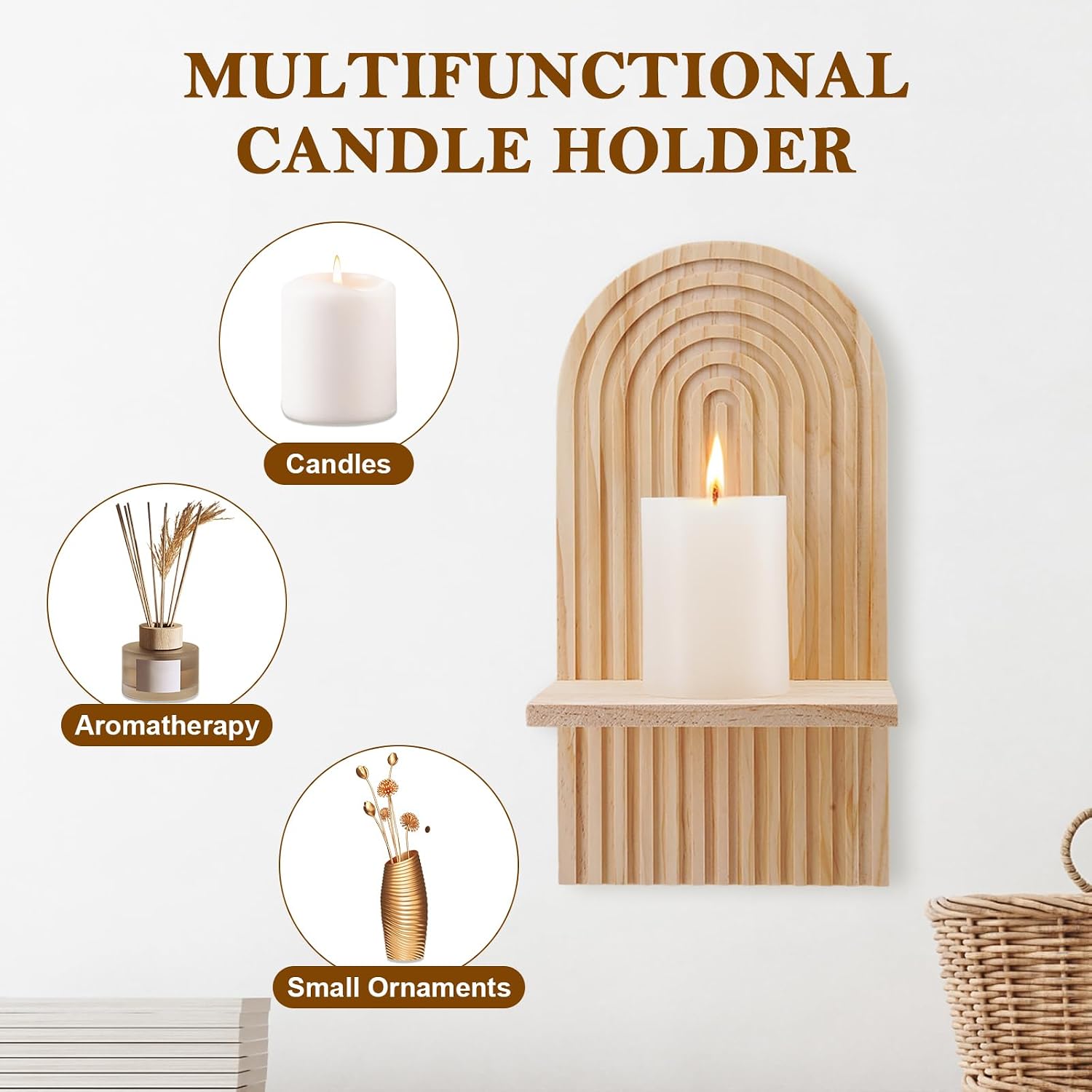 Boho Wall Candle Sconces Set of 2, Modern Rainbow Wall Candle Holders Natural Wooden Hanging Shelves for Fireplace Mantel Living Room Bedroom Dining Room Decor Accessories