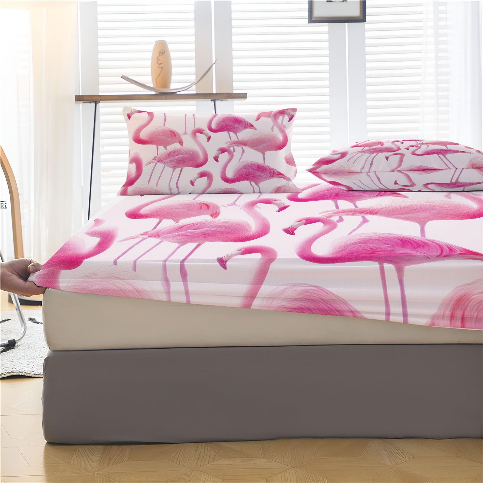 Drap Housse 180X200Cm Bonnet 30 Cm - Flamant Rose Aquarelle Animal Fantastique De Lit 3 Personnes Doux Confortable en Microfibre - Lot De 1 Draps Housses Rose Blush avec 2 Taie d'oreiller