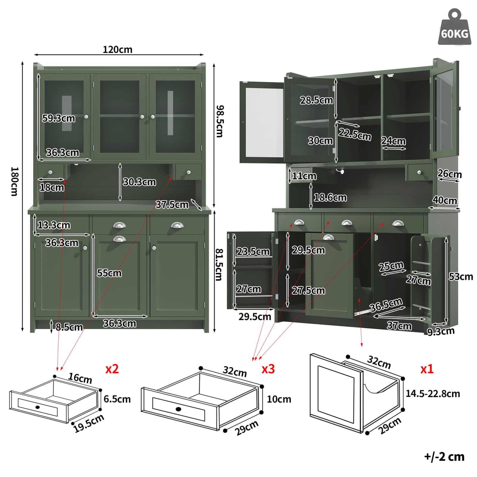 KOMHTOM Armoire de Cuisine, Armoire de Salle à Manger, Buffet, Dispositif Anti-basculement, avec éclairage LED, Porte Coulissante en Verre et 2 Tiroirs de Rangement (Vert-12)