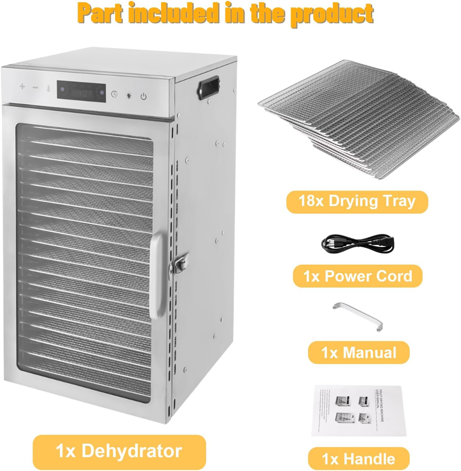 18 Tray Home Food Dehydrator Machine, 800W Stainless Steel, 12H Timer, Fruit/Vegetable/Meat Dryer