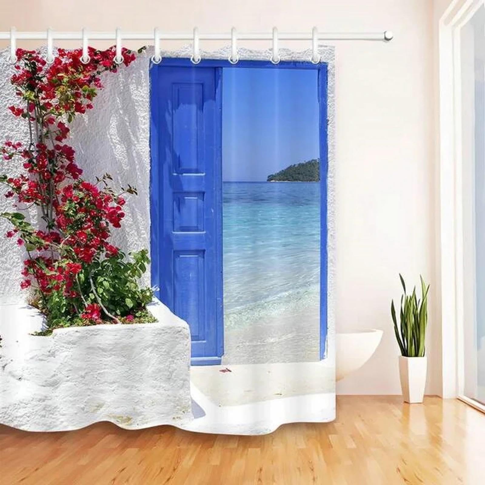 ZXBNNN Red Flowers Blue Greek Door with a Sea View on Island Shower Curtains Waterproof Fabric Bathroom Curtain Set Home Decor 120x200cm(47.24x78.74in)