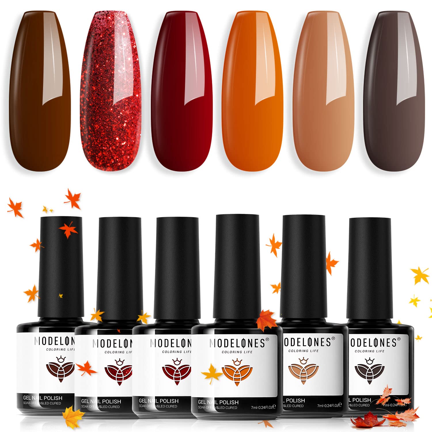 Amazon.com: Modelones Fall Gel Nail Polish Set 6 Colors, Orange Red Yellow  Halloween Autumn Gel Polish Kit Brown Glitter Soak Off Maple Leaf Nail Art  Manicure Home Salon Holiday Thanksgiving Day Gifts