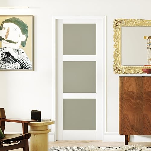 Miniatura 8 de Juego de puerta corrediza de bolsillo de 30 x 80 pulgadas, incluye panel de vidrio esmerilado de 3 litros y kit de marco, losa de puerta individual