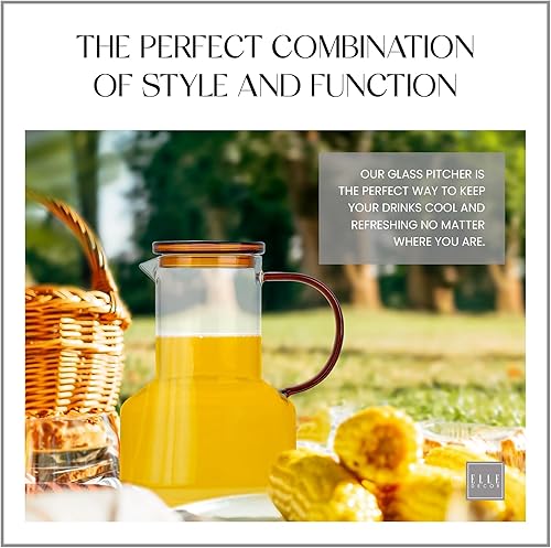 Miniatura 7 de elle decor Jarra de vidrio con tapa ámbar, 48 onzas, jarra de agua de vidrio de borosilicato duradera con tapa y boquilla, jarra con asa para té